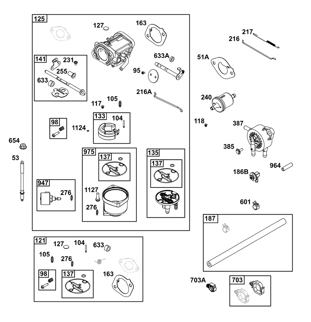 Carburetor And Fuel Supply Group Diagram and Parts List for 40N777-0009-B5 400000 - 699999 Briggs and Stratton Engine
